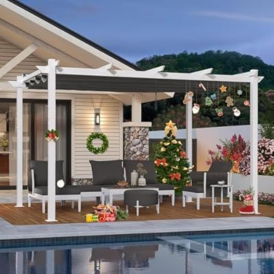 PURPLE LEAF 10' x 13' Outdoor Aluminum Pergola White Heavy-Duty Retractable Pergola Patio Metal with Double Sun Shade Canopy for Gardens Deck Backyard, Grey
