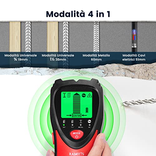 Rilevatore Metalli E Cavi KAIWEETS 6 In 1 - Scanner Da Parete Con Display LCD, Per Legno, Metallo, Cavi AC Fino A 51 Cm