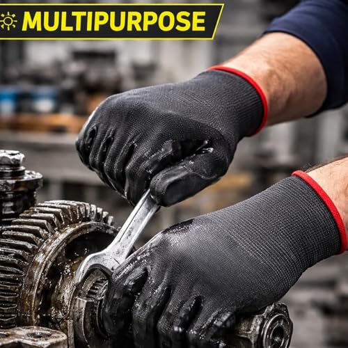 Image of Multipurpose Nylon Nitrile Coating Industrial Work Safety Hand Gloves, Fingers Protection, Useful in Gardening, Mechanical, Construction - Durable & Comfortable (BLACK NYLON 5 PAIR)
