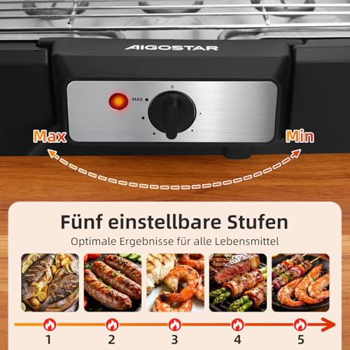 Aigostar Rauchfreier Tischgrill Barbecue Elektrogrill Elektrischer BBQ Grill 2000 Watt Antihaftbeschichtete 984 cm² Grillfläche, Abnehmbarer Fettauffangschale, Thermostat, Schwarz – Bild 4