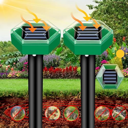 Solar Mole Repellent Ultrasonic Outdoor, 2024 Solar Rat Repellent Sonic Mole Deterrent IP65 Waterproof for Gophers, Voles, Moles, Chipmunks, Snakes, Solar Snake Repellent for Garden Lawn (2P, Green)