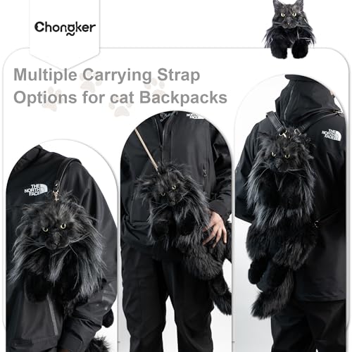 Chongker Cat Shaped Backpack - Handcrafted Stuffed Animals Bag, Black Cat Plush Bag with Adjustable Shoulder, Crossbody, and Backpack Straps2