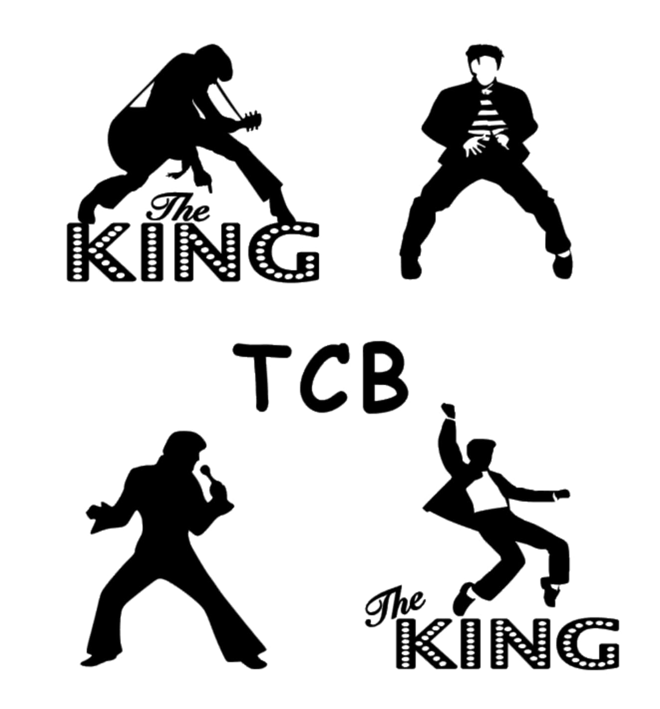 The King x 4 Poses and Letters TCB, Bumper, car, Laptop, Window, wall Art, Decal, Sticker, Matte Black.