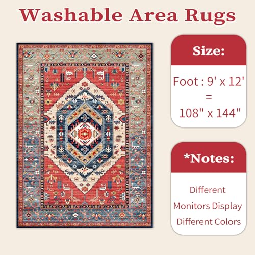 SERISSA Washable Rugs 9x12 Area Rugs, Large Non-Slip Boho Living Room Rust Rug, Ultra Soft Vintage Print Distressed Oriental Tribal Farmhouse Carpet for Dining Room Bedroom Dorm Office Home Decor