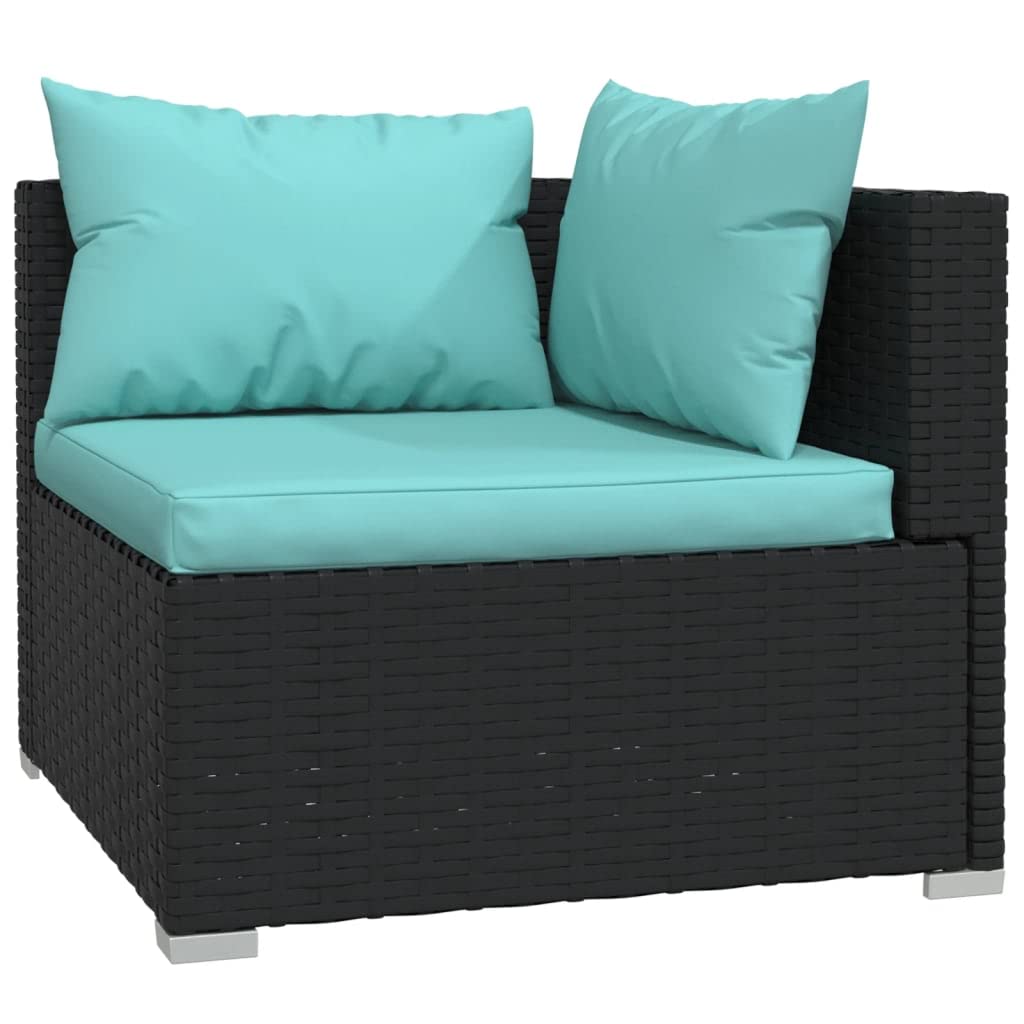 Set Divani da Giardino 8 pz in Polyrattan Modulare Nero | Salotto componibile da esterno in PE rattan con morbidi cuscini blu acqua. Ideale per relax in giardino, patio o terrazzo.