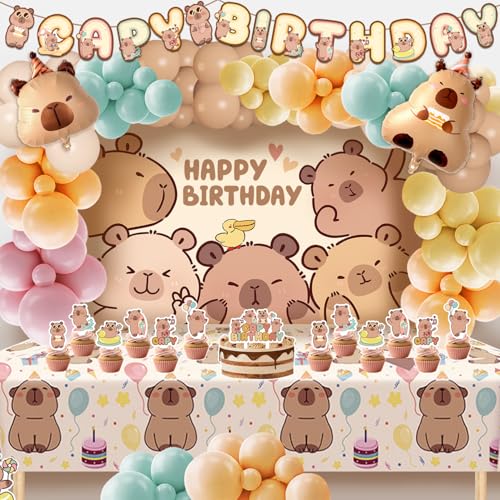 Capybara Birthday Party Decorations - 99pcs Balloons Garland Kit Capybara Backdrop Capy Birthday Banner Tablecloth Foil Balloons Capybara Cake and Cupcake Toppers