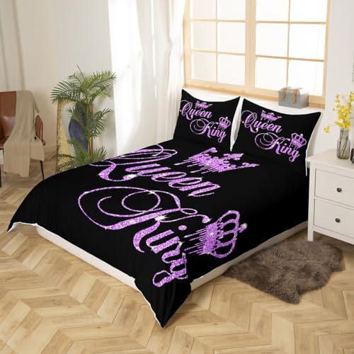 Homemissing Crown Queen and King Couple Duvet Cover Set His and Hers Bedding Set for Teens Women Men Black Purple Double Size,Lover Romantic Valentine'S Day Decorations Bedspread Cover (No Glitter) - Image 2