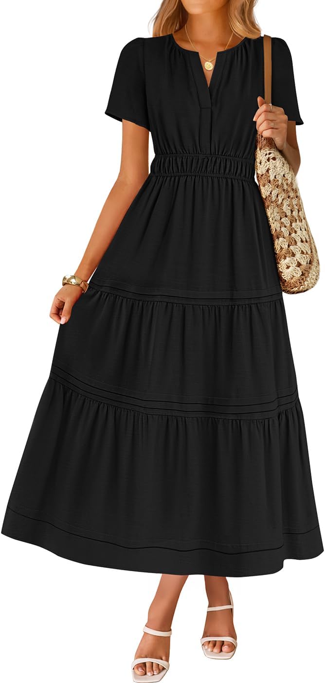 ZESICA Women's Summer Casual Short Sleeve Midi Dresses 2026 V Neck Elastic Waist Tiered Flowy Boho Dress with Pocket
