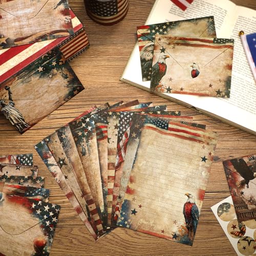 Image of TaoBary 160 Pcs Retro Patriotic Stationery Paper and Envelopes Set | 5.5 x 8.25'' Letter Writing Kit, 50 Double Sided Stationery Writing Papers 50 Matching Envelopes 60 Round Dot Sticker