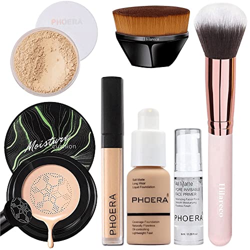 Air Cushion Cc Cream Natural Foundation,Phoera Foundation ,Phoera Concealer, Phoera Primer, Phoera Powder, Kabuki Makeup Brushes Foundation Brush Powder Brush Concealer (104 Buff Beige+ 04 Buff Beige Cc) #TOP9