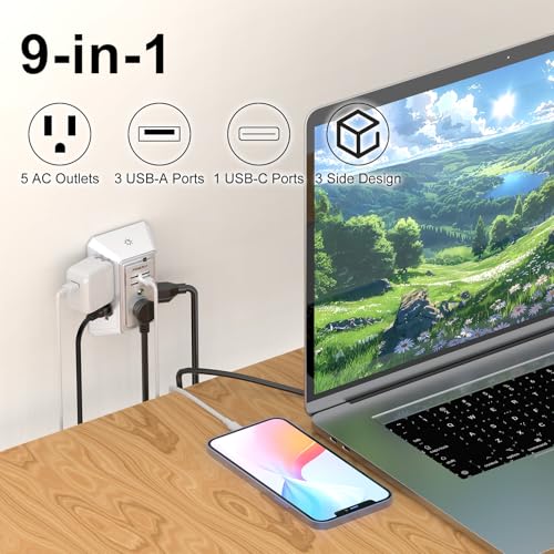 3-Sided Outlet Extender with Night Light - POWRUI Multi Plug Outlet with 5 Outlets and 4 USB Ports(1 USB-C), USB Wall Charger for Home, Office, Travel, ETL Listed, White