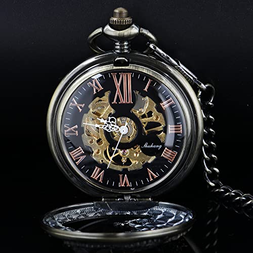 Image of Men's Mechanical Hollow Dragon Design Hand Wind Pocket Watch Roman Numerals Steampunk with Chain Box