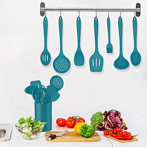 Image of LIANYU 12-Piece Silicone Kitchen Cooking Utensils Set with Holder, Kitchen Tools Include Slotted Spatula Spoon Turner Ladle Tong Whisk, Dishwasher Safe, Dark Blue