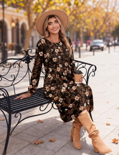 Image of Zeagoo Fall Dresses for Women Long Sleeve Midi Dress Casual A Line Dresses 2026 Pleated Flare Dress with Pockets