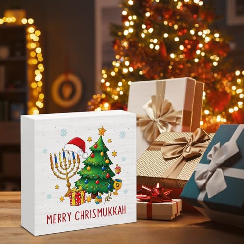 Image of Hanukkah Decor, Merry Chrismukkah Wood Box Sign, Jewish Gifts for Women, Rustic Hanukkah Decorations for Home Office Shelf 5 x 5 Inch