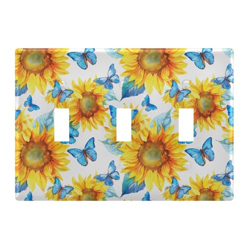 Light Switch Cover Sunflower Blue Butterfly Wall Plates for Electrical Outlets 3 Gang 202b5399