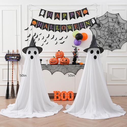 [Timer] 2Packs Halloween Decorations Outdoor, Cute Halloween Decorations Indoor, Spooky Ghost Halloween Decor with Witch Hat, Scary Ghosts Decor with LED Lights for Front Porche Yard Garden Home4