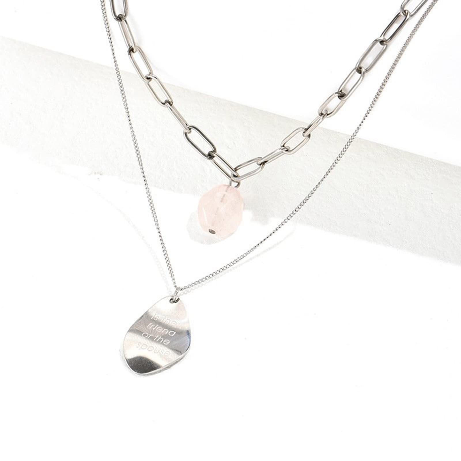 Jeulia Natürlichen Quartz Doppel Layer Halskette:Kette Design Energie Heilung Rosenquarz Anhänger Stapelbarer Damen Herren Titan Stahl Reiki Kristall Halsketten Weihnachten Geschenk