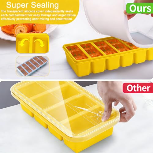 Image of Covered Silicone Freezer Tray, 2-Piece Set Of Silicone Freezer Molds, Used For Preparing And Freezing Various Sauces And Other Dishes, Making 12 Portions Cube (Yellow)