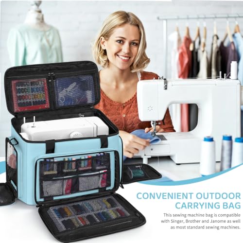 Image of Sewing Machine Carrying Case with Multiple Storage Pockets Large Capacity, Universal Tote Storage Bag Compatible with Most Standard Singer, Brother, Janome, Blue