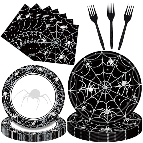 96 Pieces Halloween Tableware Set – Spider Web Themed Disposable Party Supplies with...