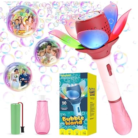 Panamalar Electric Bubble Wand for Kids, Light Up Automatic Bubble Machine Blower with Lights/10000+ Bubbles/120ml Solution, Rechargeable Flower Bubble Wand Maker Toys for Outdoor Party Wedding Cover