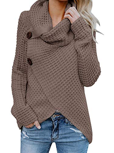 Preisvergleich Produktbild Pxmoda Damen Rollkragenpullover Warmes Kabel Gestrickte Lose Knopf Wrap Asymmetrische Pullover Tops (Large, Braun-A)