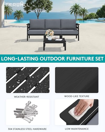Image of SERWALL HDPE Patio Furniture Set, 4 Pieces Outdoor Sectional Sofa Set | All-Weather Wood-Like Outdoor Sofa Couch with Coffee Table, Modular Design for Flexible Combination