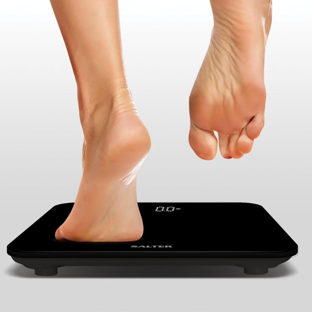 Salter 9204 BK3R Bathroom Scale, Premium Compact Phantom Electronic Digital Scales For Body Weight, 180 KG Max Capacity, Hidden Until Lit Display, Toughened Safety Glass, Carpet Feet, KG or LBS, Black