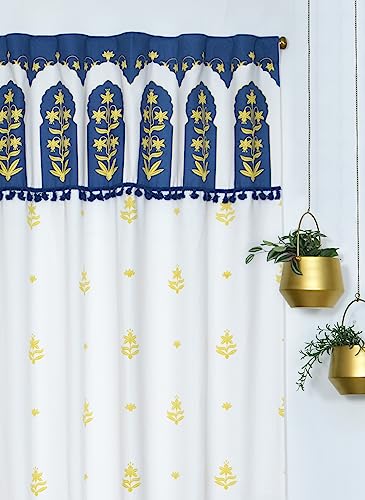 Image of Tranquebar Curtain Co. Pure Cotton Curtains for, 60-65% Room Darkening,Tasseled Lace Ethnic Indian Floral Print (Taj: Navy & Yellow) -5 Feet, 1 Piece (Length 152 cm) - with Back Tab