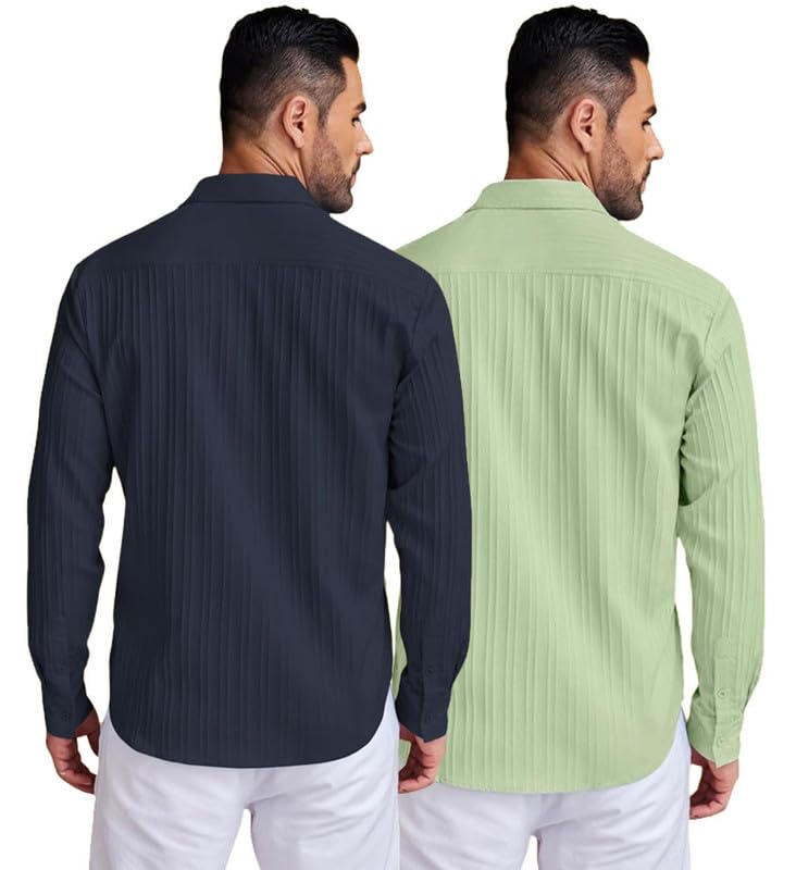 Image of DEELMO Combo of Men's Casual Button Down Shirts Long Sleeve Linen Shirt Fashion Textured Summer Shirts Pack of 2