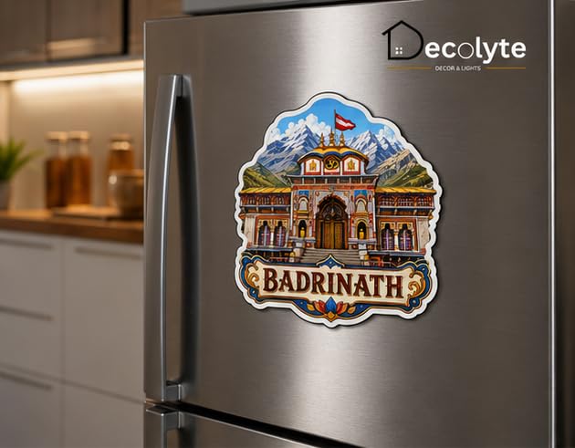 Image of Badrinath Temple Theme Wooden Fridge Magnet Souvenir | 3x3 in Kitchen Home Decor Gift