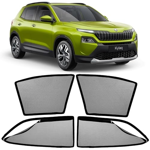 Image of AutoStory Magnetic Car Sunshade for Kylaq | Front Half Cut for Mirror Visibility + Rear Full Coverage with Zipper | Heavy Heat & UV Protection | Privacy Side Window Curtains Shades
