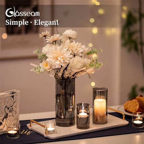 Glasseam Glass Cylinder Vase Grey: 3Pcs Modern Flower Vases for Living Room Dining Table Centrepiece - Decorative Hurricane Candle Holders Pampas Grass Tulip Vase for Flowers (10/15/20cm) - Image 3