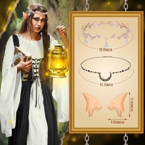 Image of Bonuci 6 Pcs Medieval Renaissance Fairy Costume Women Halloween Elf Cosplay Outfits Victorian Dress Elf Ears Fairy Headpiece