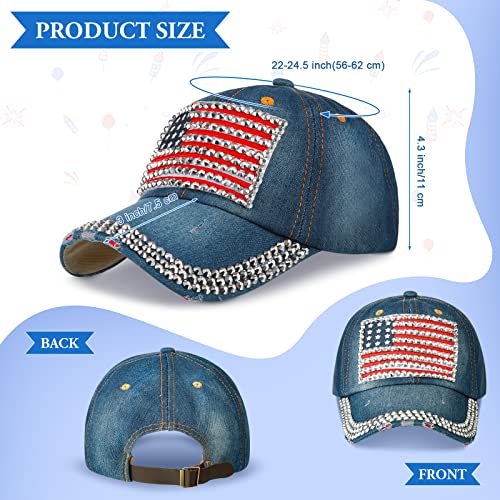Tarpop 2 Pieces American Flag Bling Baseball Cap Adjustable Usa Flag Hip Hop Hat Rhinestone Cowboy Hat Patriotic American Hats For Women Men 4 Of July Hat White, Navy Blue #TOP1