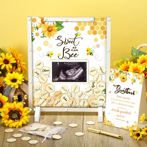 Image of 65 Pcs Sweet As Can Bee Baby Shower Decorations Bee Baby Shower Guest Book Alternatives He or She Gender Reveal Decorations Sign in Guest Book with Picture Frame and 60 Wooden Chip Decors