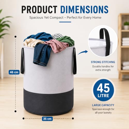 Image of GLUN Grey Plain Cylindrical Linen Bag, Pack of 1, 45 Litre Capacity Grey & Black, Water-Repellent, Lightweight & Durable Bag for Toys, Dirty Clothes, Stationery Items, Space Saving Item
