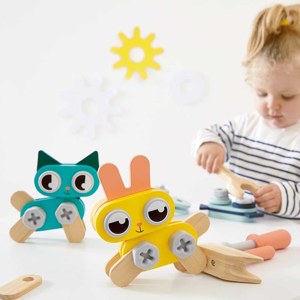 Janod - Mon Premier Jeu de Construction - 3 Petits Animaux - Chat, Chien, Lapin - 53 Accessoires - Développe Dextérité & Créativité - 3 Ans + - J06450