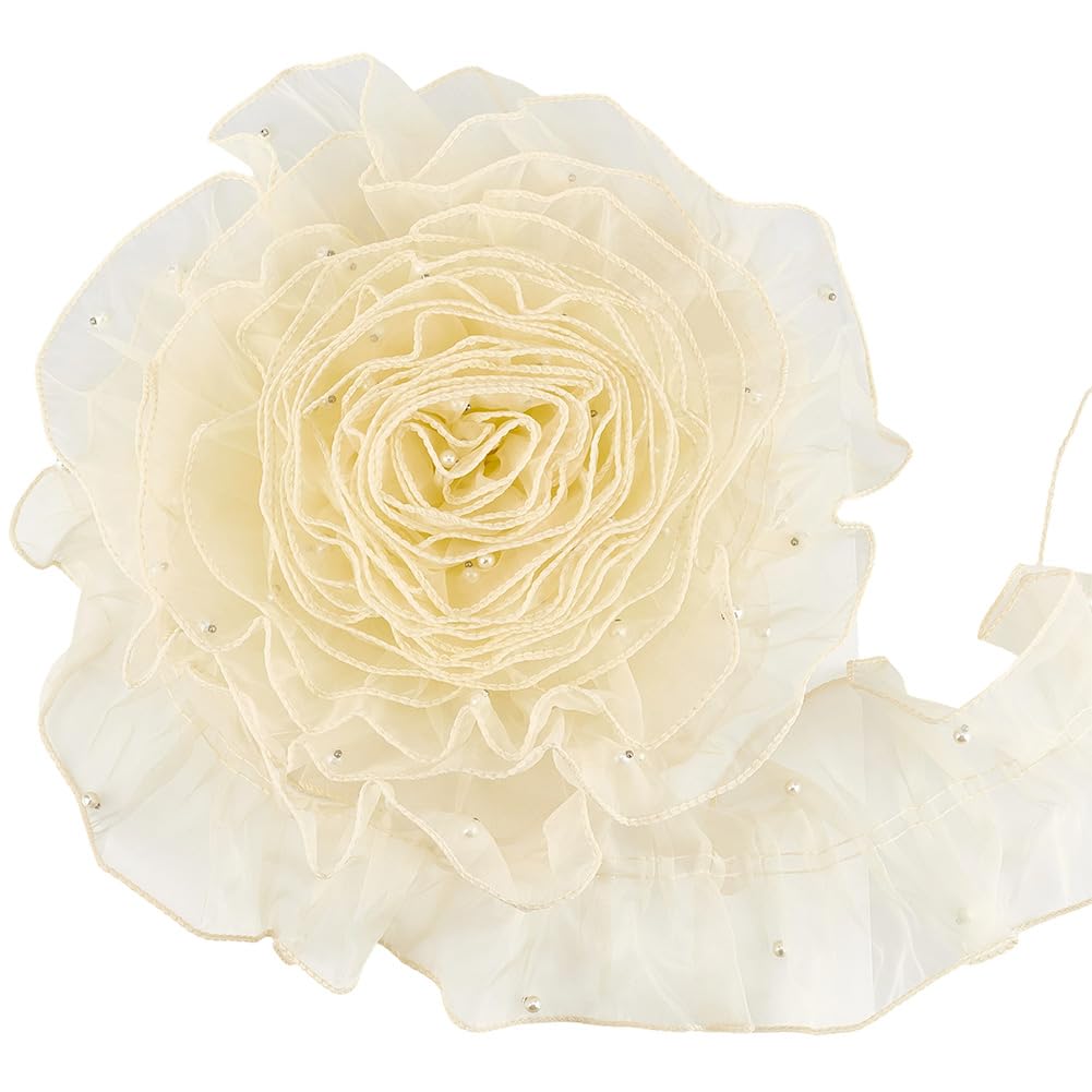 GORGECRAFT Nastro in organza plissettato con bordatura in pizzo beige arricciato con perline in chiffon e bordo in pizzo, per cucito, fai da te, abbigliamento, collari, tende, costumi