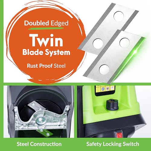 Image of GreenSweep Electric Wood Chipper & Mulcher - 15A Powerful Garden Chipper for Branches, Sticks & Yard Waste - Compact, Quiet & Easy to Use with Collection Bag