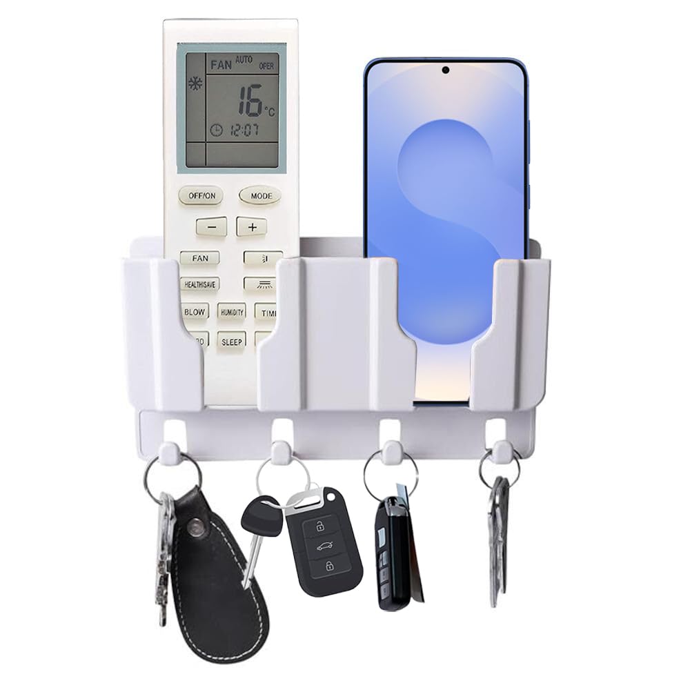 Prolet Wall Mounted Remote Control & Phone Holder With 4 Hooks – Adhesive Charging Stand & Storage Box for AC/TV Remotes and All Smartphones (White) – Pack of 1-image-15