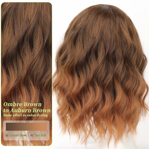 Image of AISI HAIR Synthetic Wavy Curly Bob Wig with Bangs Ombre Brown to Auburn Brown Wig Short Hair for Women Synthetic Heat Resistant Bob Wigs