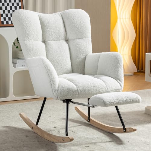 Image of Allnifurv Nursery Rocking Chair, Teddy Upholstered Rocking Chair with Side Pocket, Rocker Recliner Chair with Adjustable Footrest, Glider Chair for Living Room, Bedroom, Lounge, Nursery Room (Ivory)