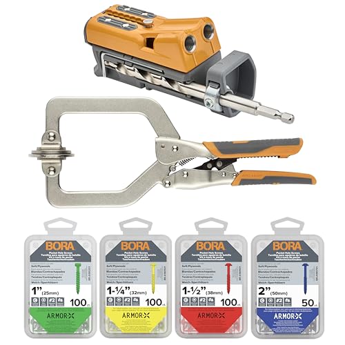 BORA Pro Compact Metal Pocket Hole Jig Kit, 3 inch Face Clamp & 350pc Screw Set Auto Adjust Drill Guide, Durable Pocket Hole Jig for Woodworking & Tight Spaces - For Materials 1/2 in - 1-1/2 in Thick