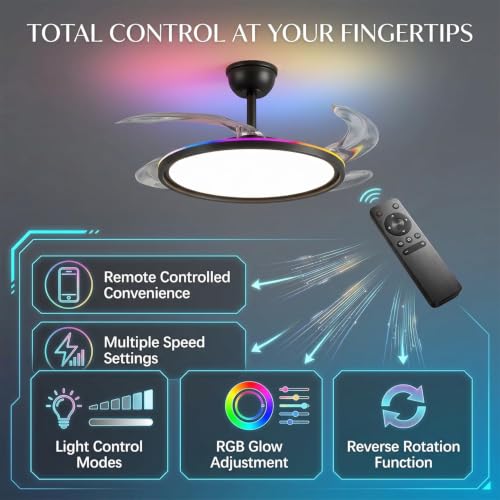 Image of oltao Zyro UltraSlim Retractable Ceiling Fan with RGB Ceiling Glow & 3-Color LED Panel Light, Summer /Winter Mode, Remote Control, 42 Inch Sweep (2026 Model) (Black Aura Glow, 42 inches)
