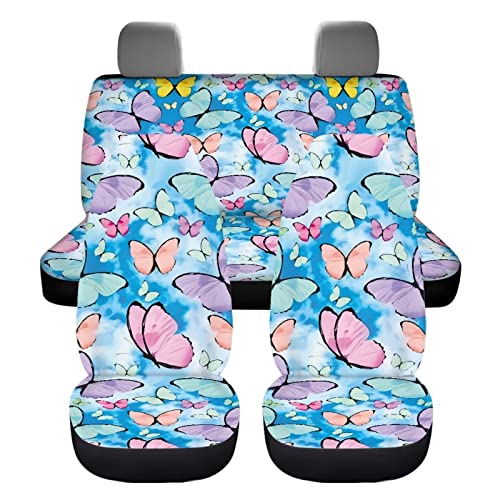 Image of Blue Butterfly Print Automotive Seat Cover Full Set Custom Front Back Seat Cover Easy Install Soft Breathable Universal Car Seat Protector for Women Men Fitted Car Interior Accessories for Trucks