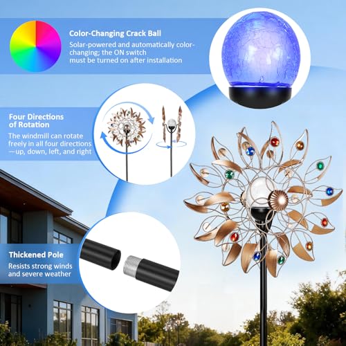Solar Windrad Garten Metall mit Farbwechsel LED - Großes Windspiel Garten 190cm, Wetterfestes Windspiel Metall mit Federblättern & Kupfer-Optik, Windmühle für Außen Terrasse Balkon