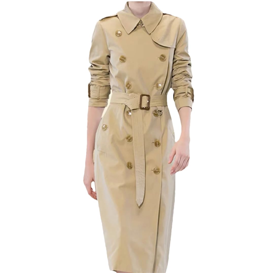 Womens Long Waterproof Double-Breasted Trench Coat