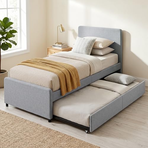 HOMCOM Lit gigogne 90 x 190 cm, Cadre de lit Simple/Double avec sommier à Lattes en Bois, tête et Pied rembourrés en Tissu Aspect Lin, Charge 400 Kg,...